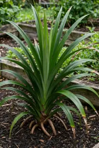 Mature pandan clump with fan-shaped sprays of long narrow leaves and woody aerial roots
