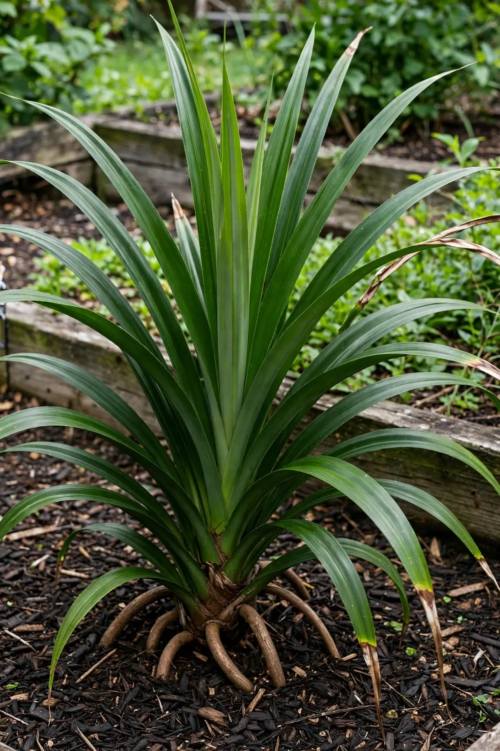 Mature pandan clump with fan-shaped sprays of long narrow leaves and woody aerial roots