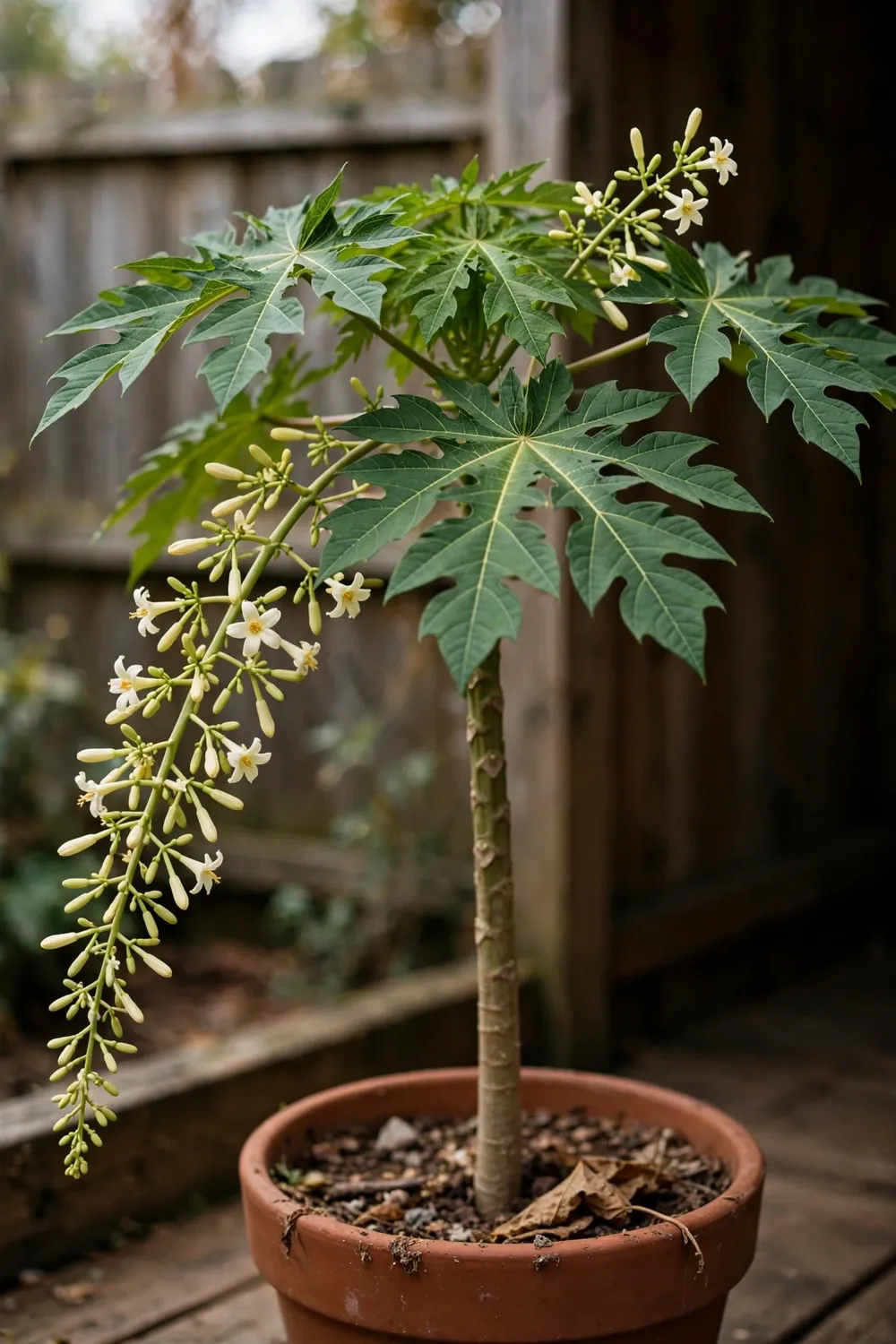 Potted male papaya plant with long sprays of small creamy-white flowers on a sunny patio
