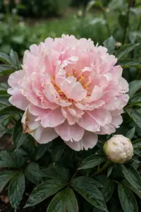 Blush-pink double peony bloom filling the frame in a garden border at peak flowering
