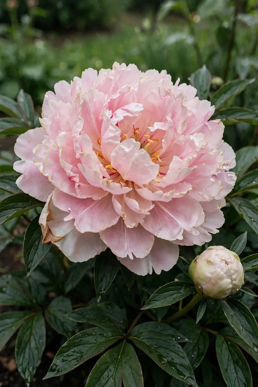 Blush-pink double peony bloom filling the frame in a garden border at peak flowering