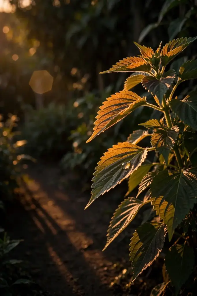 Perilla plant glowing in low warm backlight at day's end