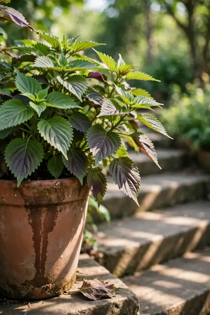Bushy perilla plant growing in a terracotta pot on garden steps