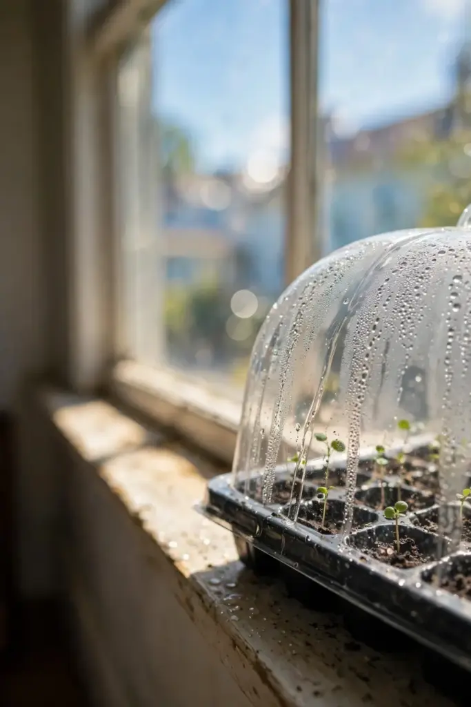 Seed tray with humidity dome on a sunny windowsill for perilla germination