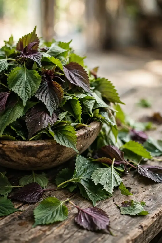 Wooden bowl of mixed green and red perilla leaves ready for the kitchen