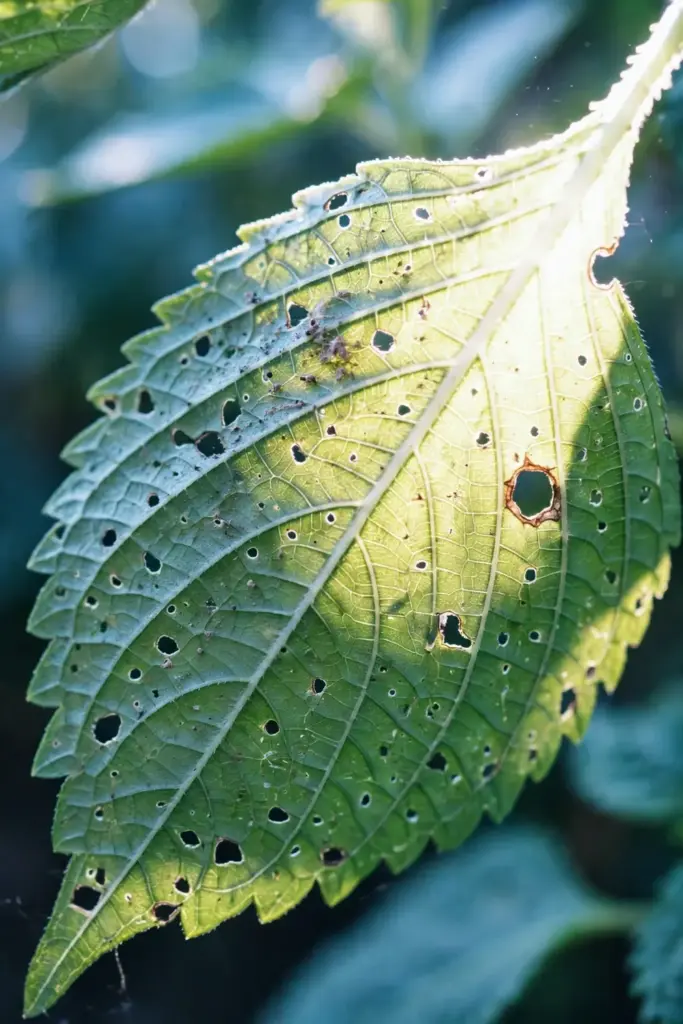 Perilla leaf with small flea beetle holes, veins and texture sharp