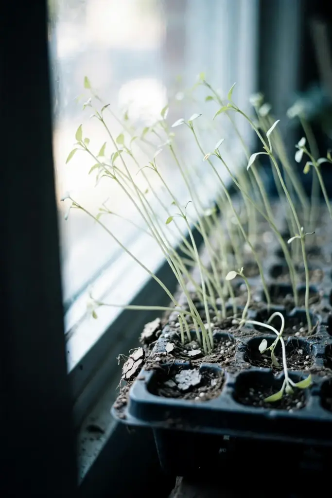 Leggy pale perilla seedlings stretching for light in a tray