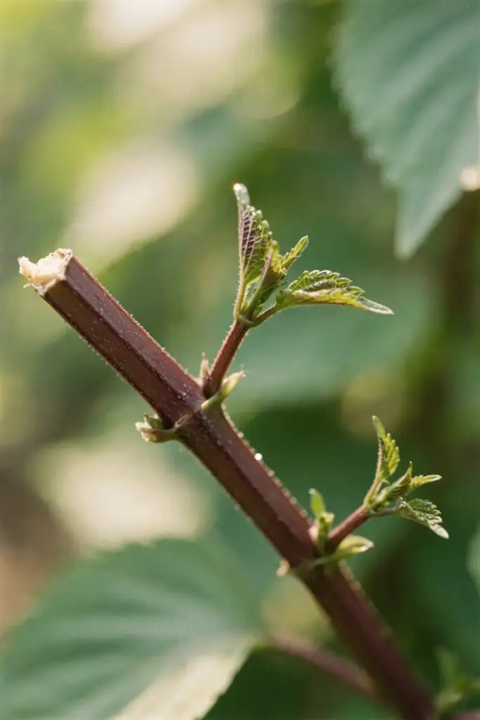 Close-up of a pinched perilla stem tip pushing new side branches