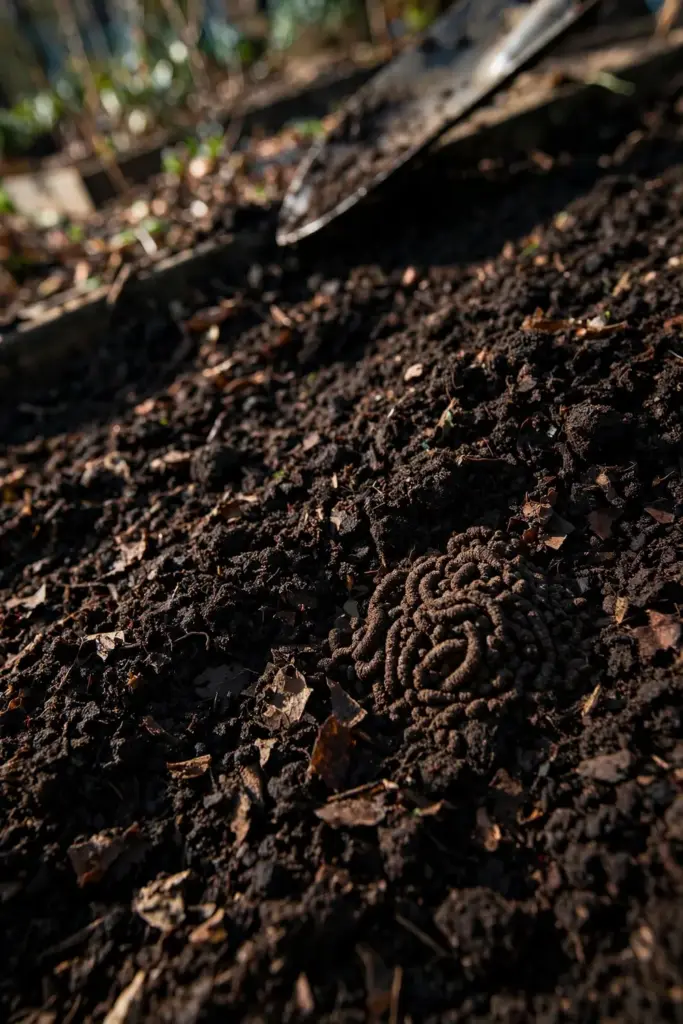Dark compost-rich soil in a garden bed ready for perilla