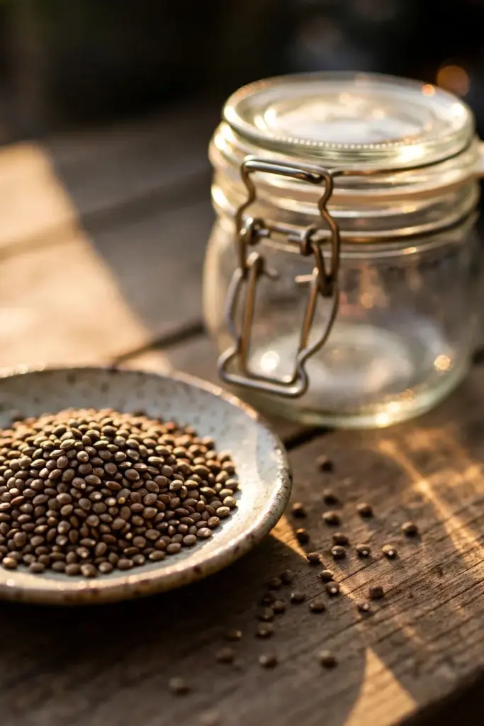 Tiny brown perilla seeds in a dish beside a sealed storage jar