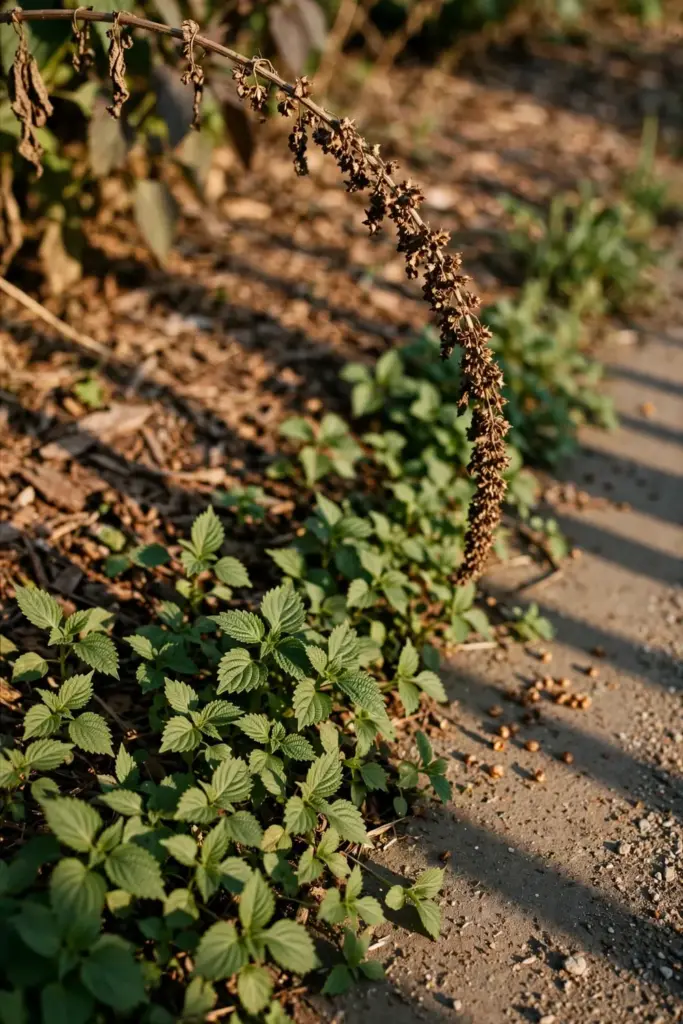 Perilla volunteers and dried seed heads along a garden bed edge