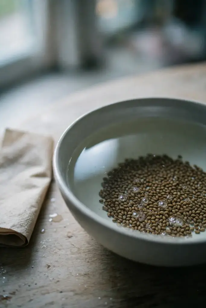 Perilla seeds soaking in a shallow bowl of water before sowing