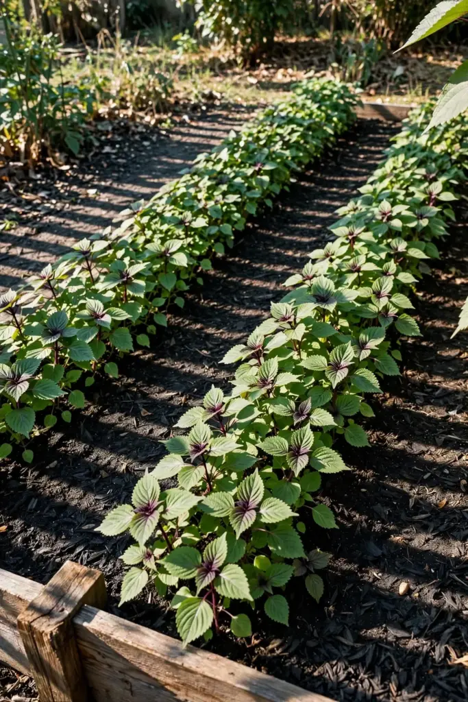 Perilla plants growing in a sunny garden bed after the last spring frost
