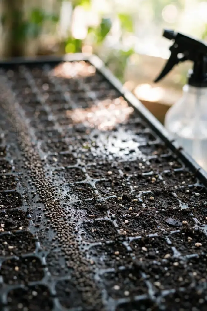 Perilla seeds pressed onto the surface of moist seed-starting mix in a tray