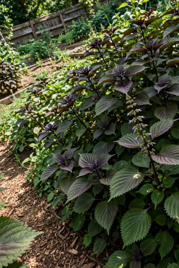 A thriving perilla patch in a home garden