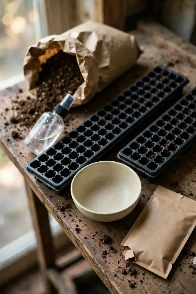 Seed starting supplies for perilla: seed packet, bowl, trays, mister and mix