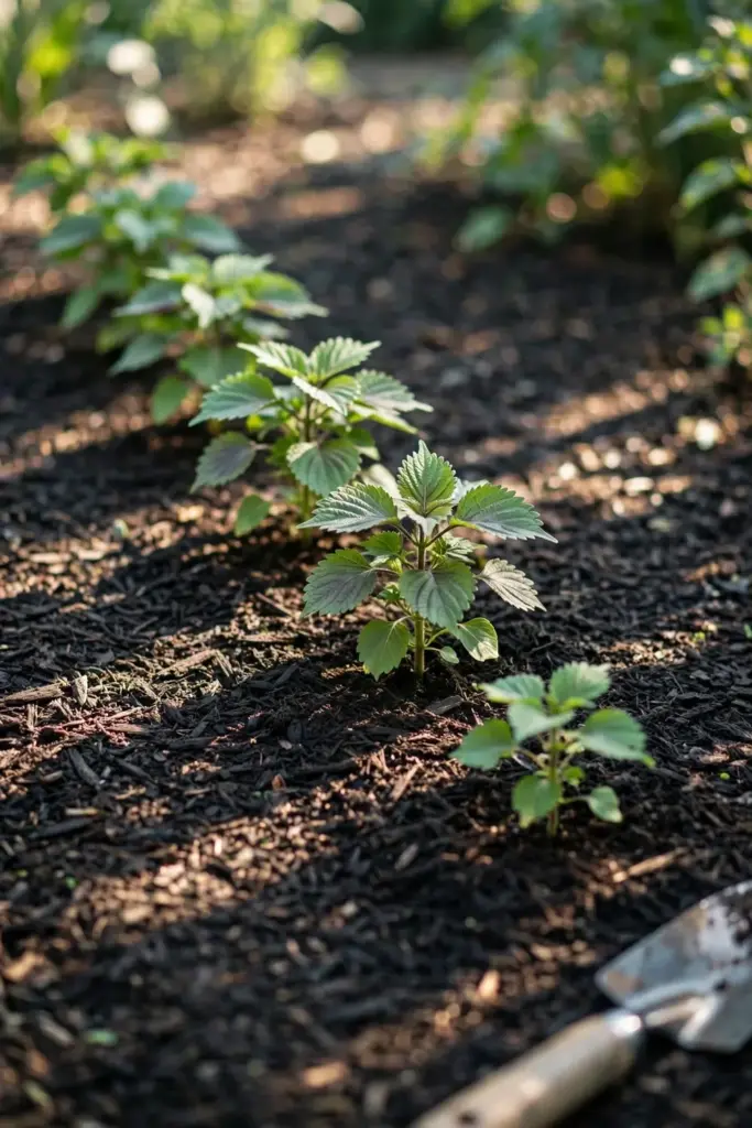 Young perilla transplants spaced in a garden bed row