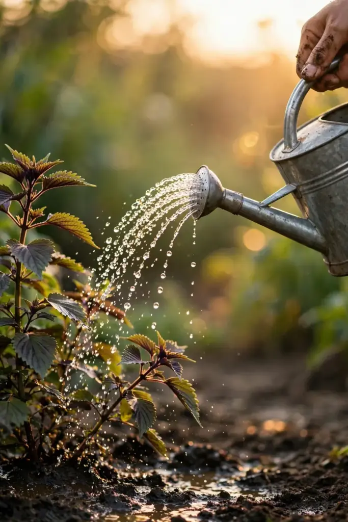 Watering perilla at the root zone with a watering can