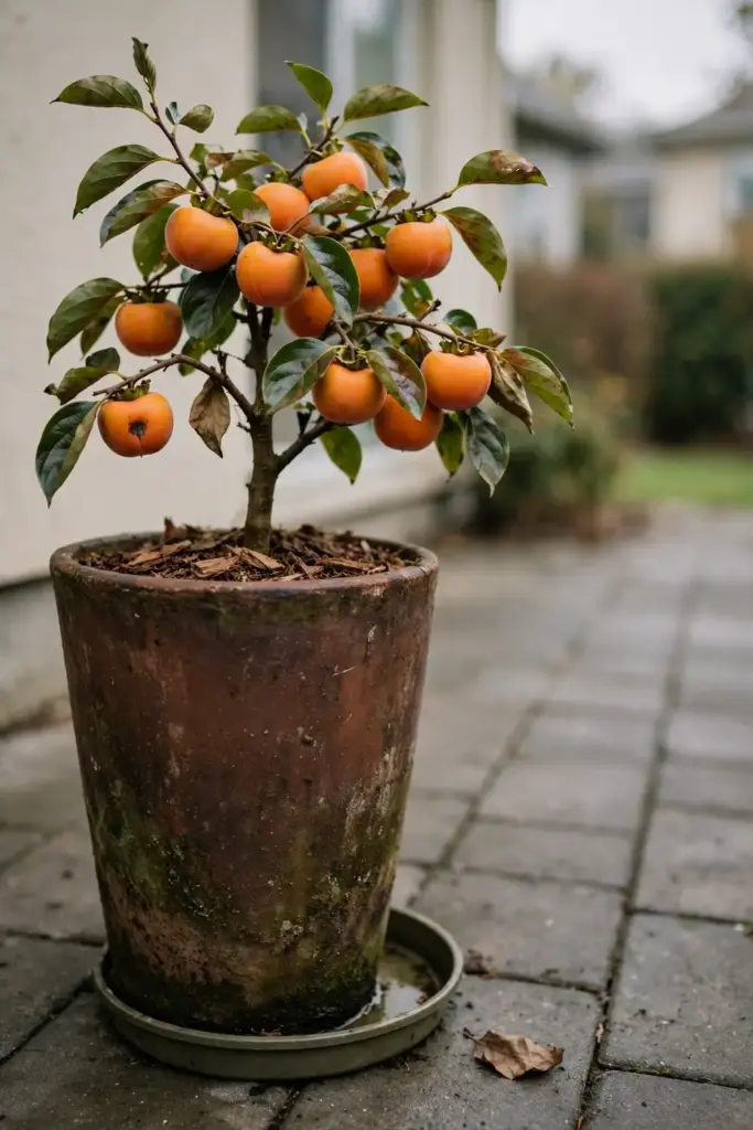 Compact Fuyu persimmon tree fruiting in a very deep patio container