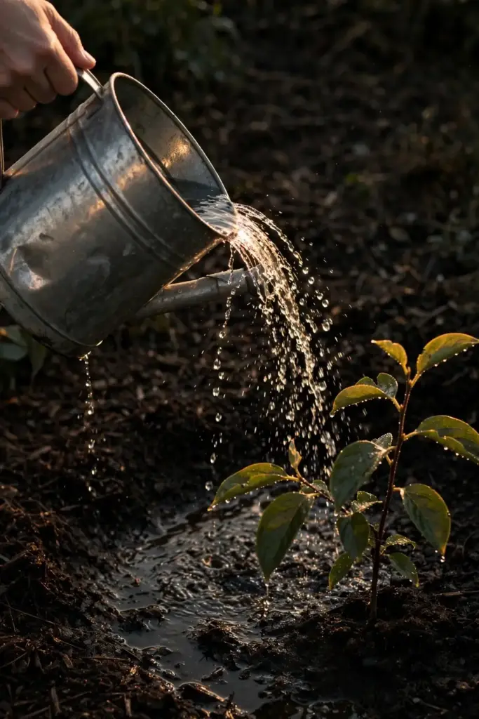 Hand tipping a watering can over a young persimmon tree's mulch ring