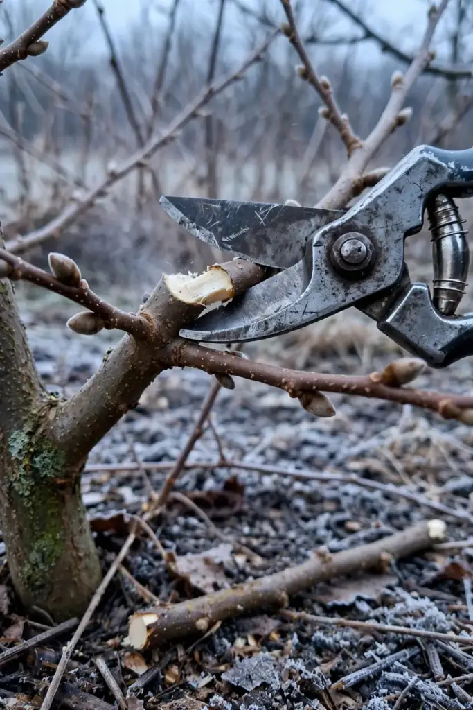Pruning shears cutting a crossing branch on a dormant persimmon tree