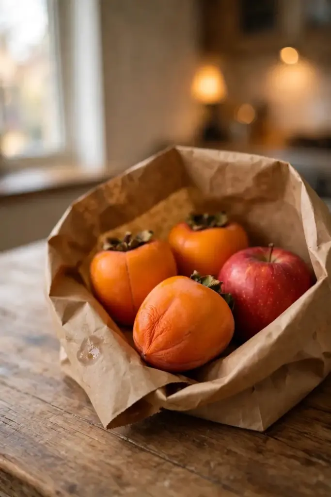Hachiya persimmons ripening in a paper bag with an apple