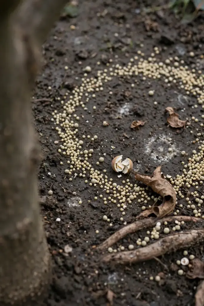 Fertilizer granules scattered thinly on dark soil under a persimmon tree