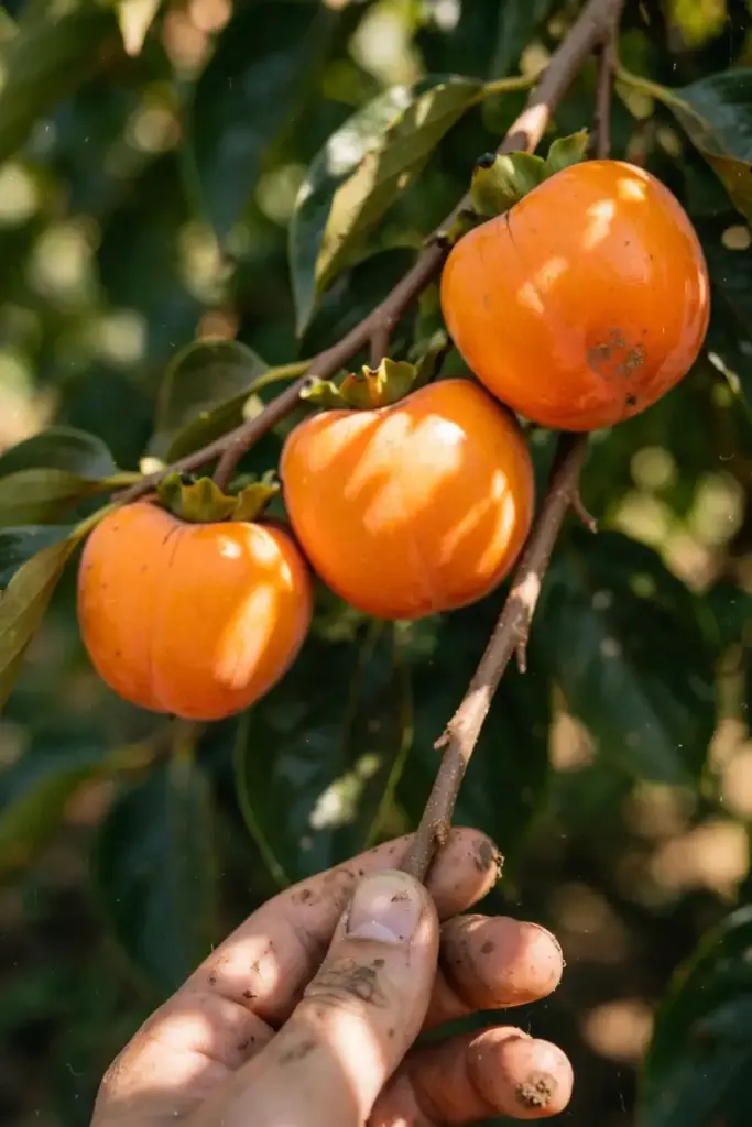 Hand cradling ripe Fuyu persimmons on the branch