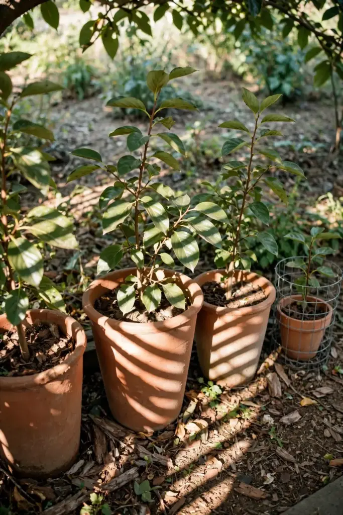 Potted persimmon saplings hardening off in dappled garden shade