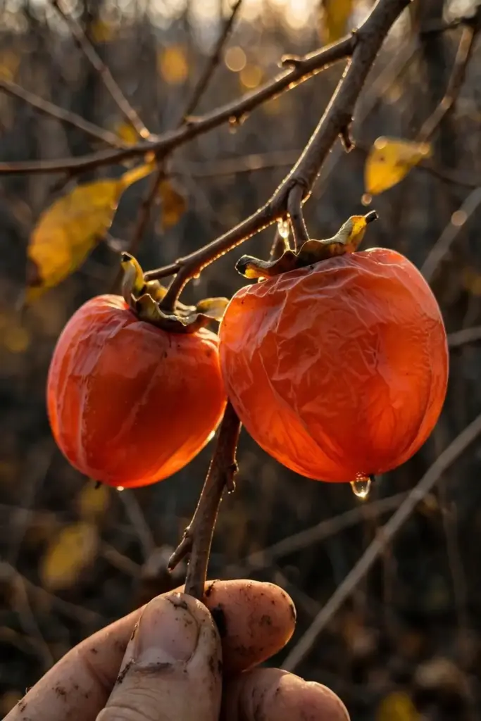 Hand cradling dead-ripe American persimmons glowing on the branch