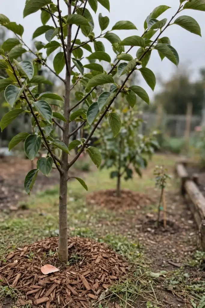 Healthy young persimmon tree with clean central leader in a garden