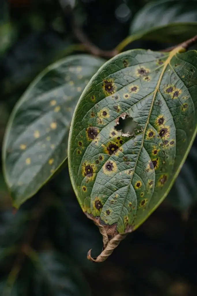 Persimmon leaf with fungal leaf spots and yellow halos