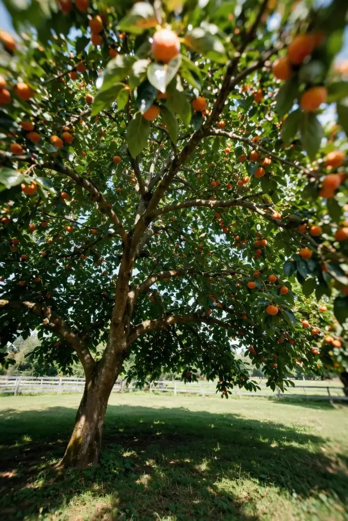 Mature persimmon tree in full sun with wide open space around it