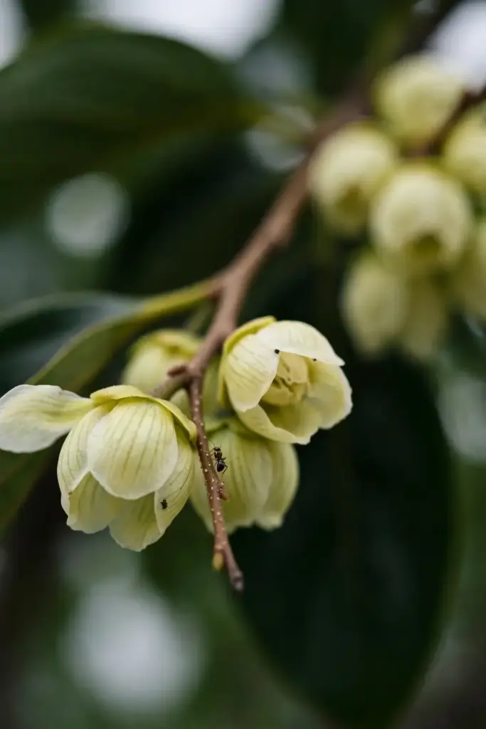 Creamy bell-shaped persimmon flowers on a branch