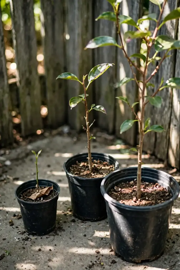 Three potted persimmon saplings in graduated sizes in a nursery corner