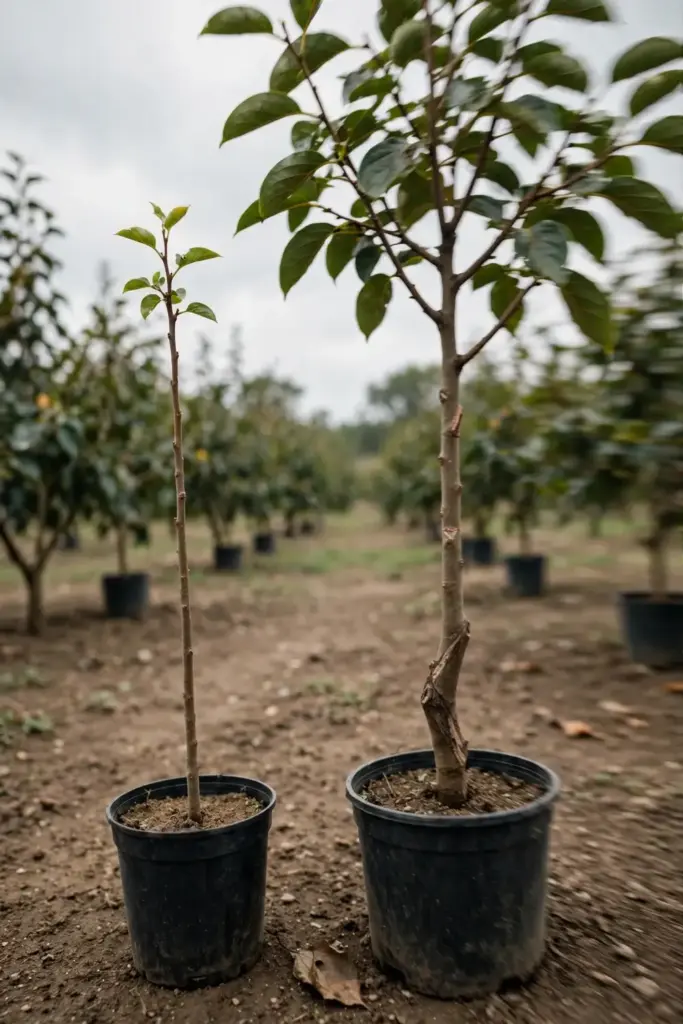 Seedling persimmon whip beside a grafted tree with visible graft scar