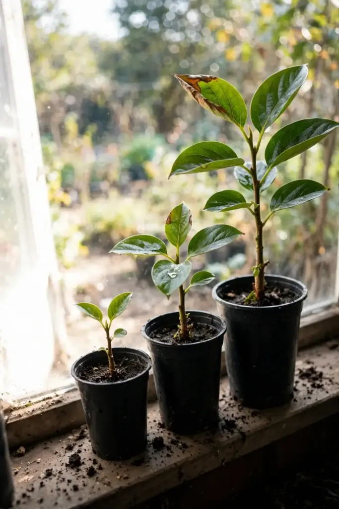 Young persimmon seedlings in tall pots on a bright windowsill