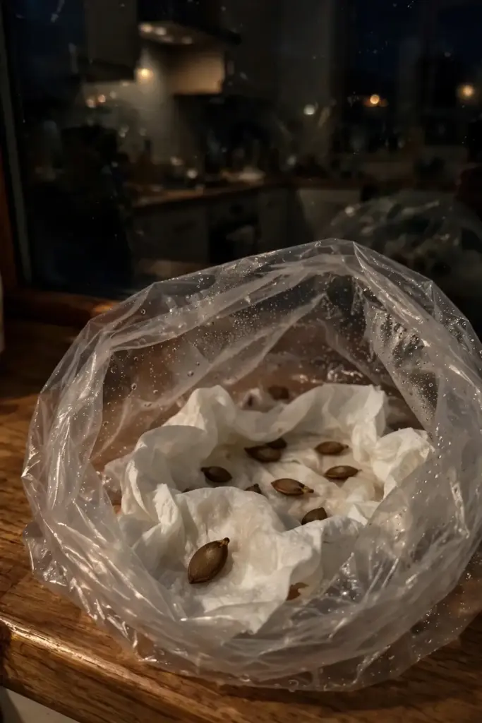 Persimmon seeds on a damp towel in a plastic bag on a kitchen counter