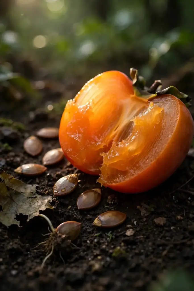 Brown persimmon seeds spilling from a split ripe fruit on soil