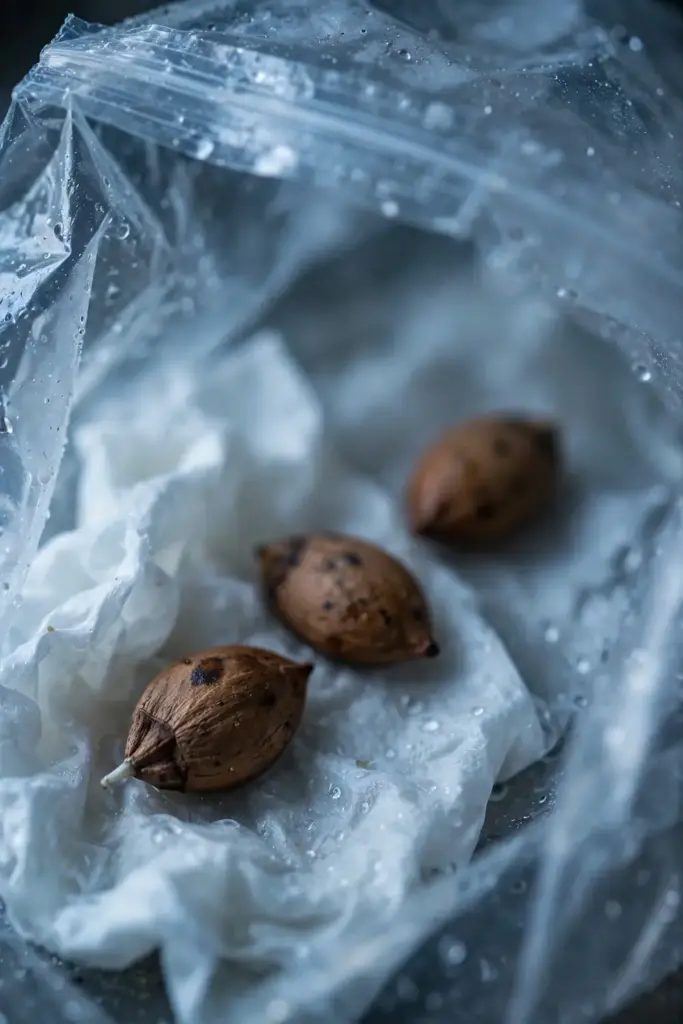Persimmon seeds on a damp paper towel inside a plastic bag