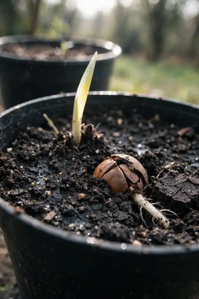 Persimmon seed breaking the soil surface in a tall nursery pot