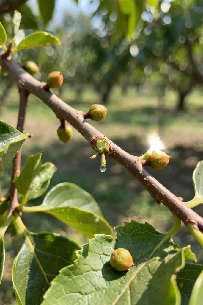 Thinned marble-sized persimmon fruitlets spaced along a branch