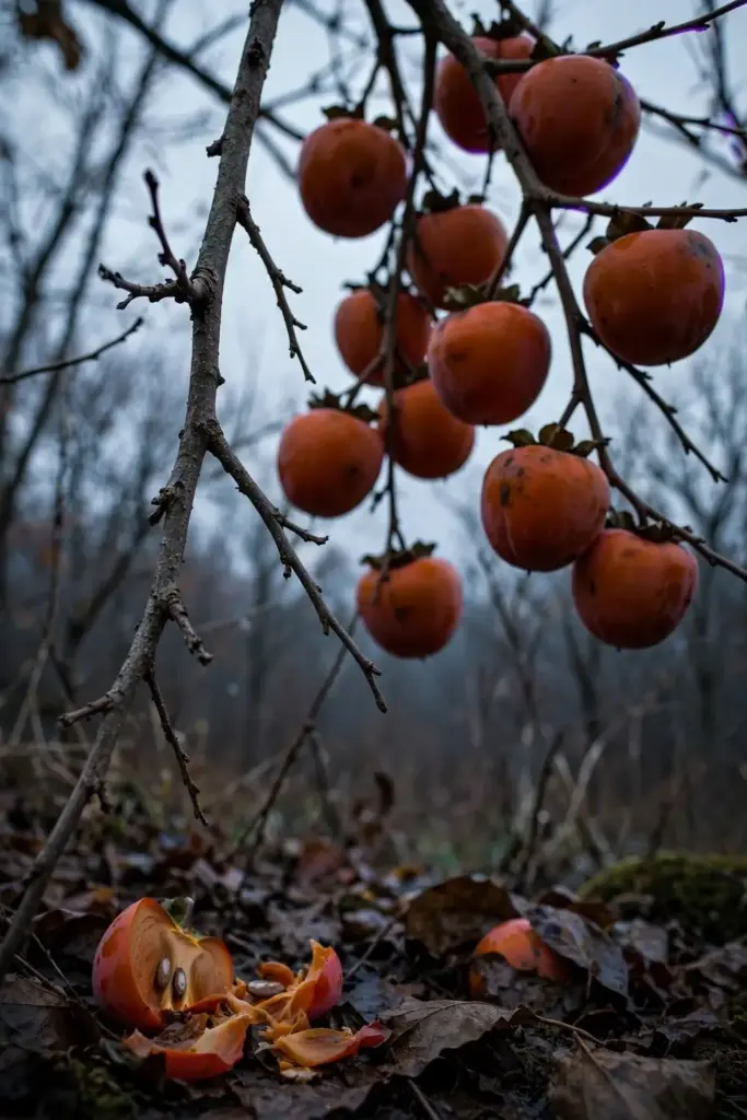 Ripe persimmons hanging on bare late-autumn branches