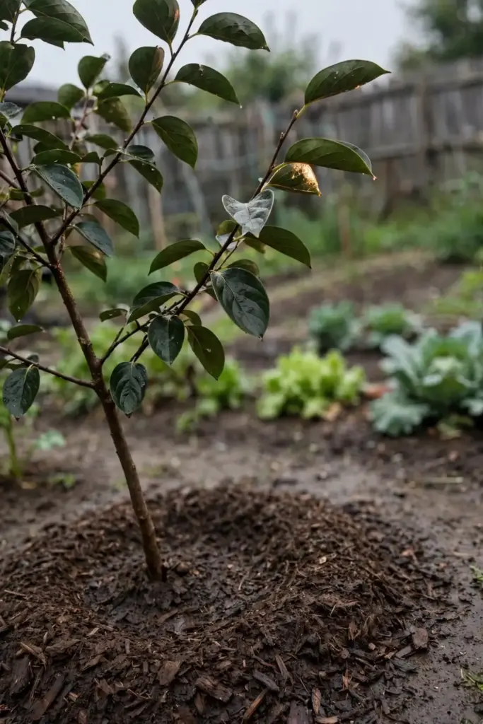 Young persimmon tree with dark oval leaves in a mulched bed