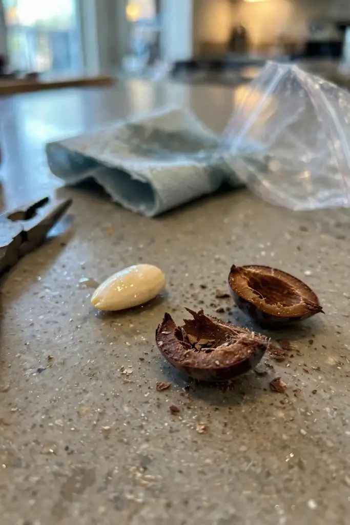 Cracked plum pit halves with pale seed kernel beside pliers on a counter