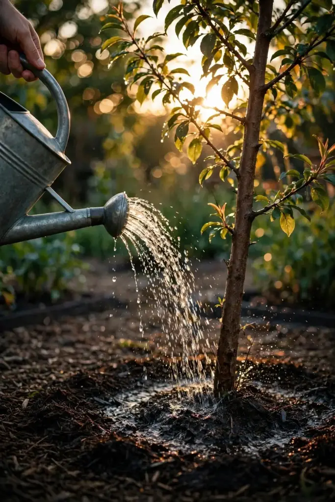 Watering can pouring water onto the mulched root zone of a plum tree