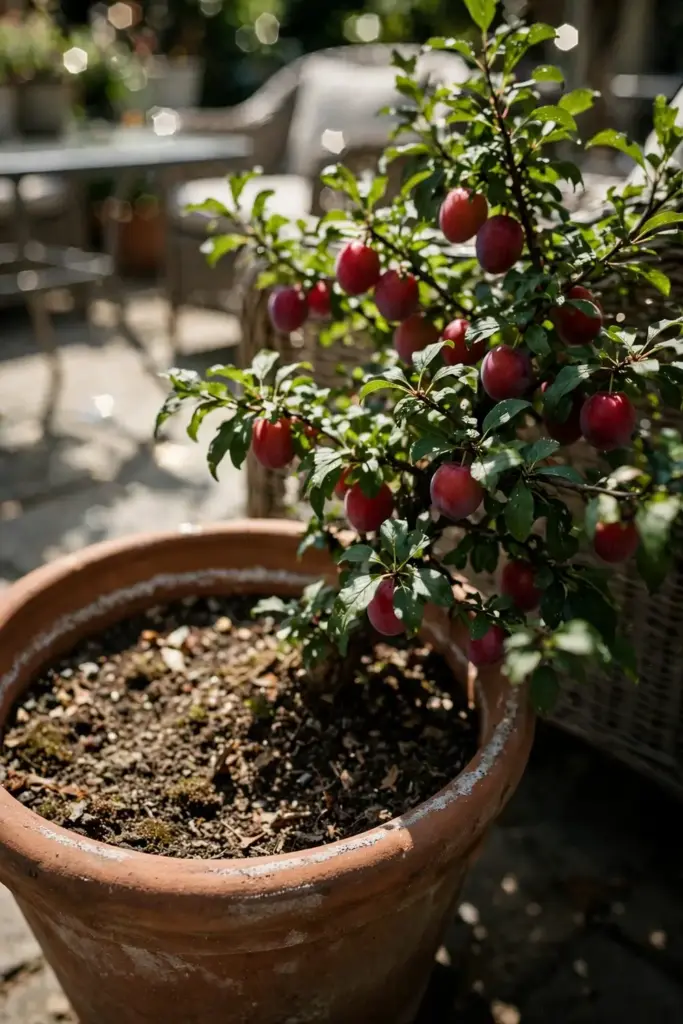 Dwarf plum tree with fruit growing in a large terracotta pot on a patio
