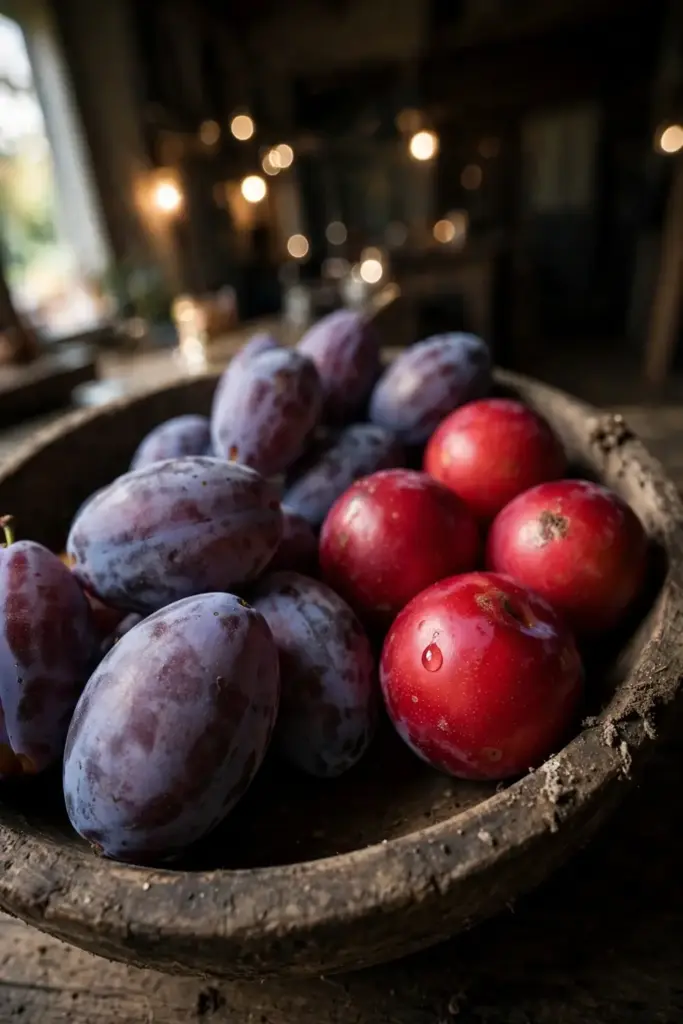 Oval European plums beside round Japanese plums in a wooden bowl
