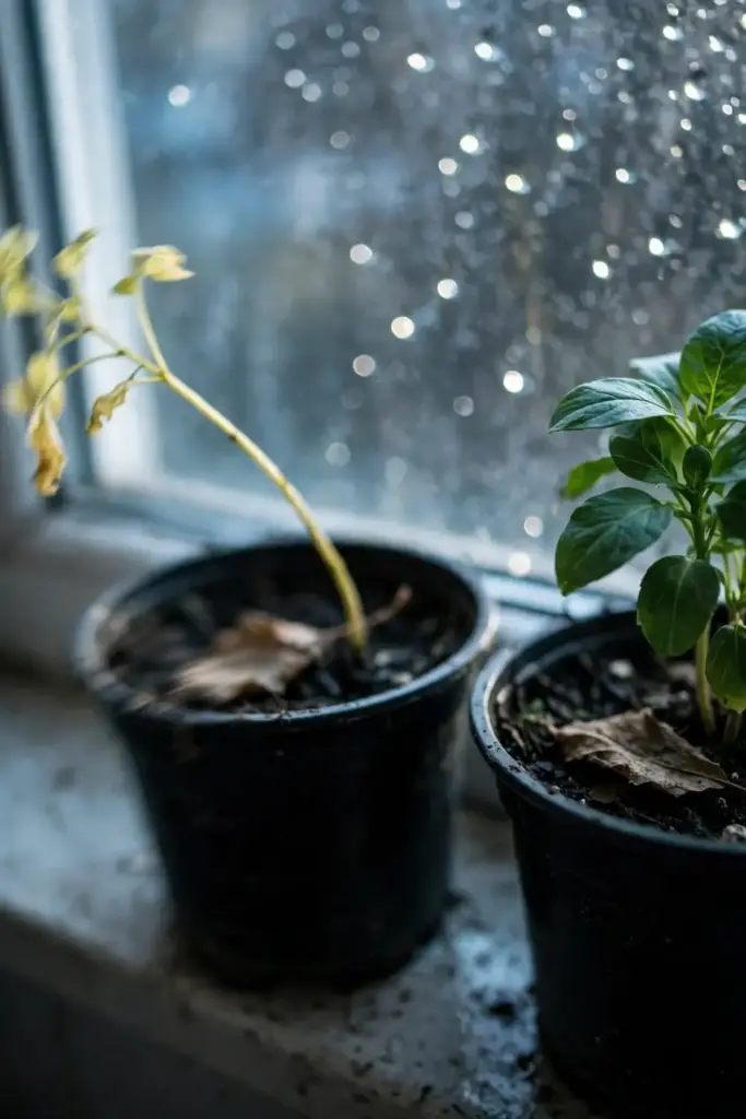 Stalled pale plum seedling next to a healthy green one in pots