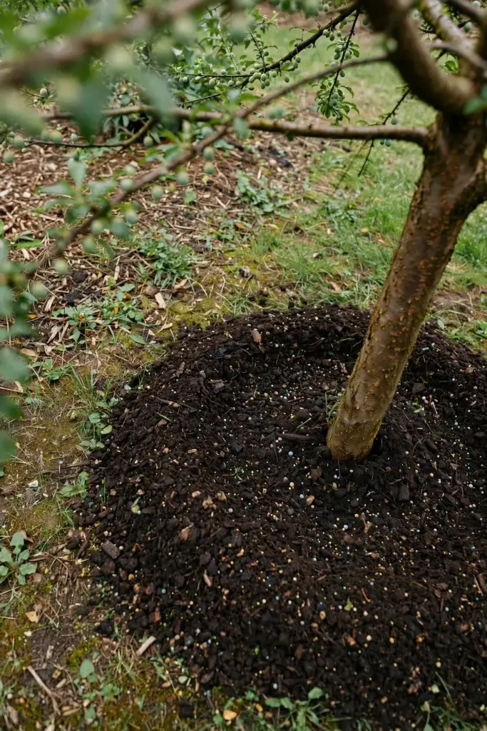 Compost spread in a ring around the base of a fruiting plum tree